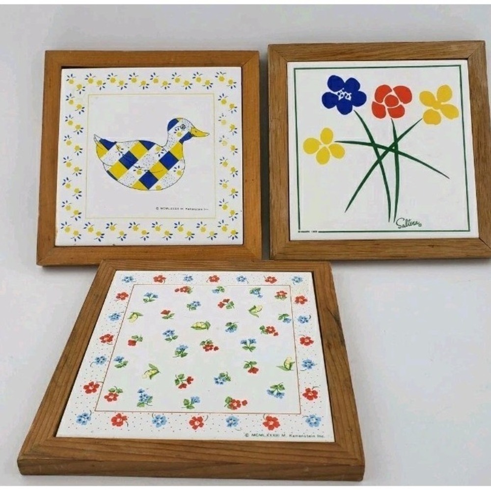 Vtg 3 Tile Wood Wall Hangings Trivets Saltera Himark Kamensteins 7" 1983 Flawed